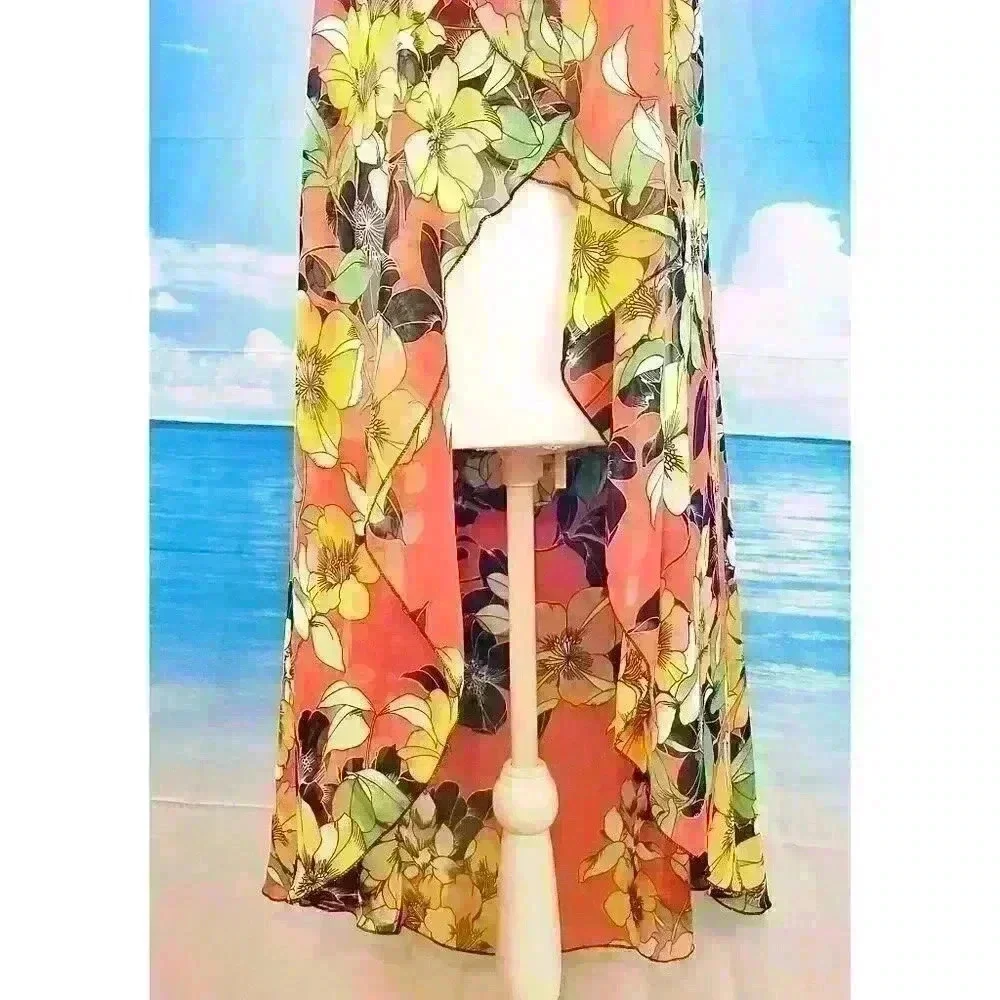 ORANGE FLORAL Beach Cover Sheer Open front Long Shawl LIGHTWEIGH Shrug One Size